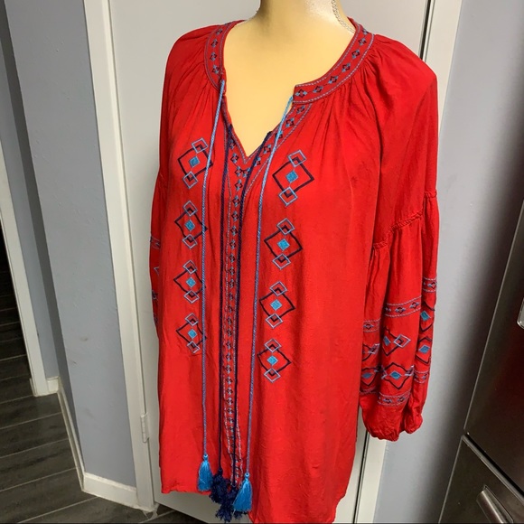 HAYDEN LOS ANGELES BOHO EMBROIDERED DESIGN SELF TIE FRONT BLOUSE SIZE L - Picture 13 of 13